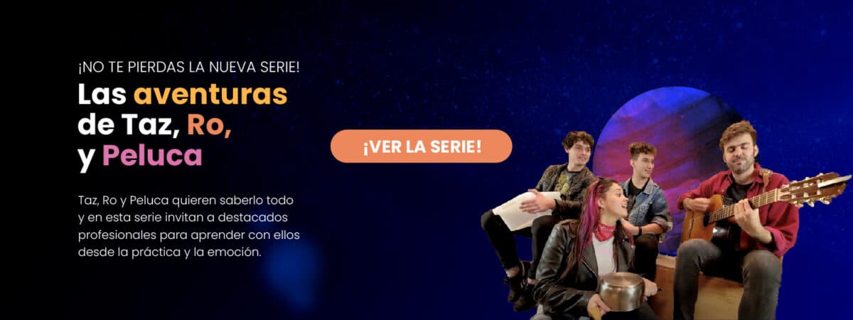 Imagen que invita a ver la serie, las aventuras de Taz, Ro y Peluca. En la imagen se ve a los tres miembros del programa felices, con instrumentos, frente a un planeta que hace de fondo.