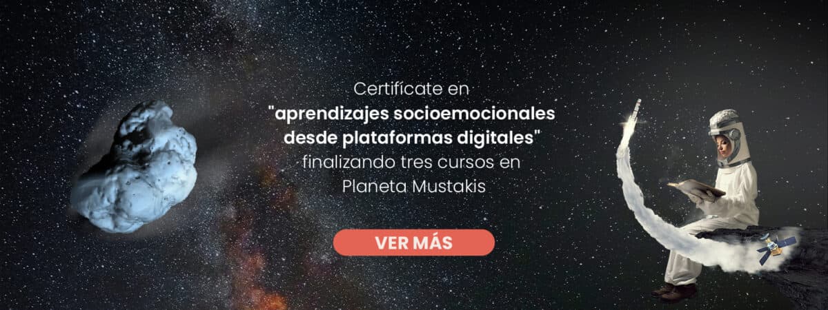 Una imagen que te invita a certificarte sobre habilidades emocionales, con un link de inscripción. En la imagen vemos por un lado a un asteroide, y por el otro vemos a una astronauta sentada en la superficie de la luna, con un cohete en miniatura.